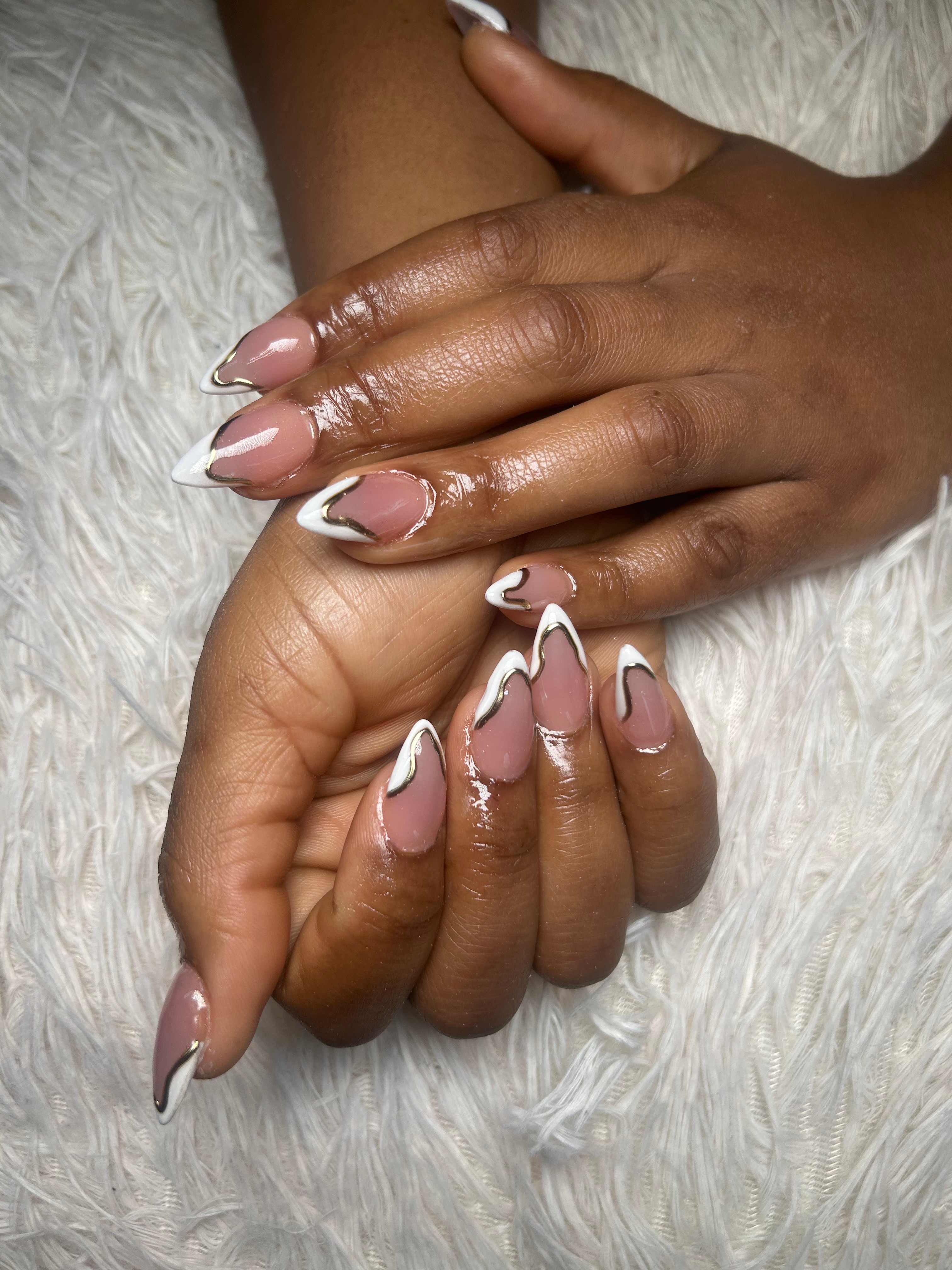 Blue and white French tip nail set by Nails by Mo Gems